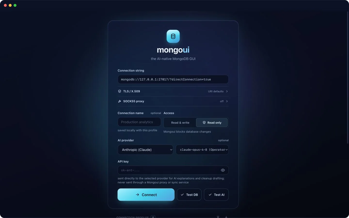 Test the database and selected AI provider independently before connecting. mongoui connection screen with MongoDB, provider, model, and API key controls