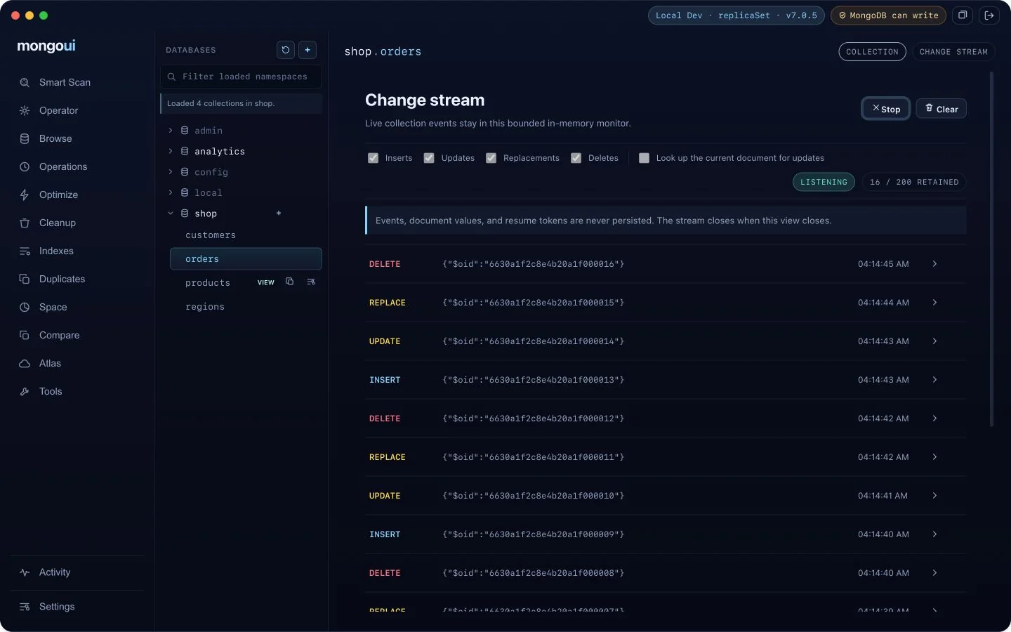 The bounded monitor displays live collection events and retains them only in memory. mongoui Change Stream Monitor showing live insert, update, replace, and delete events
