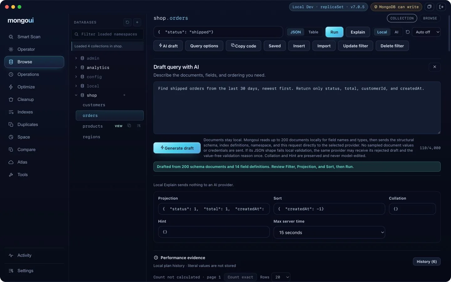 The generated query remains a draft in the normal Browse editor until you run it. mongoui Browse screen with a natural-language request and generated MongoDB filter, projection, and sort